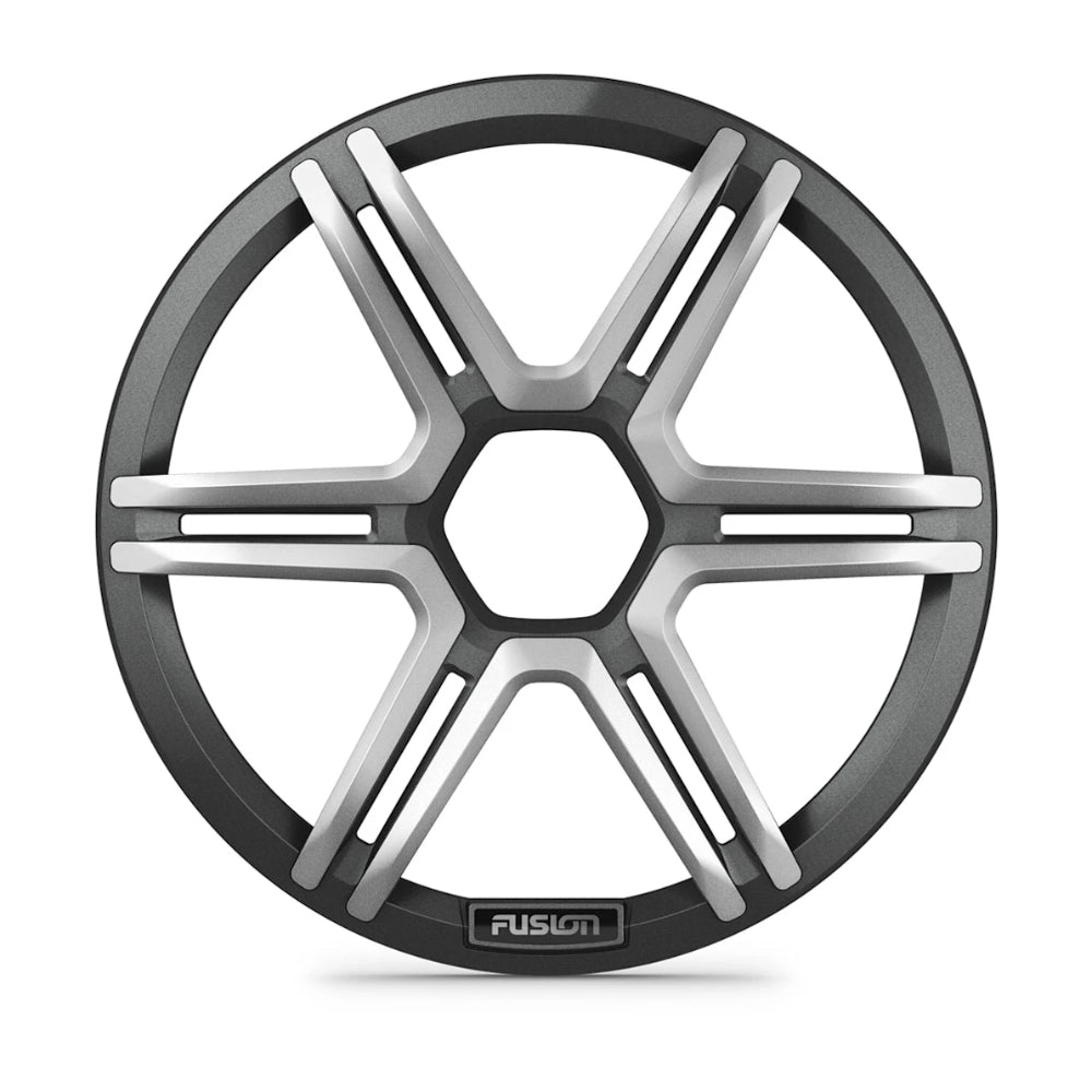 Fusion Apollo 010-13293-00 10in sports grey subwoofer grille, front view of six-spoke hex grille