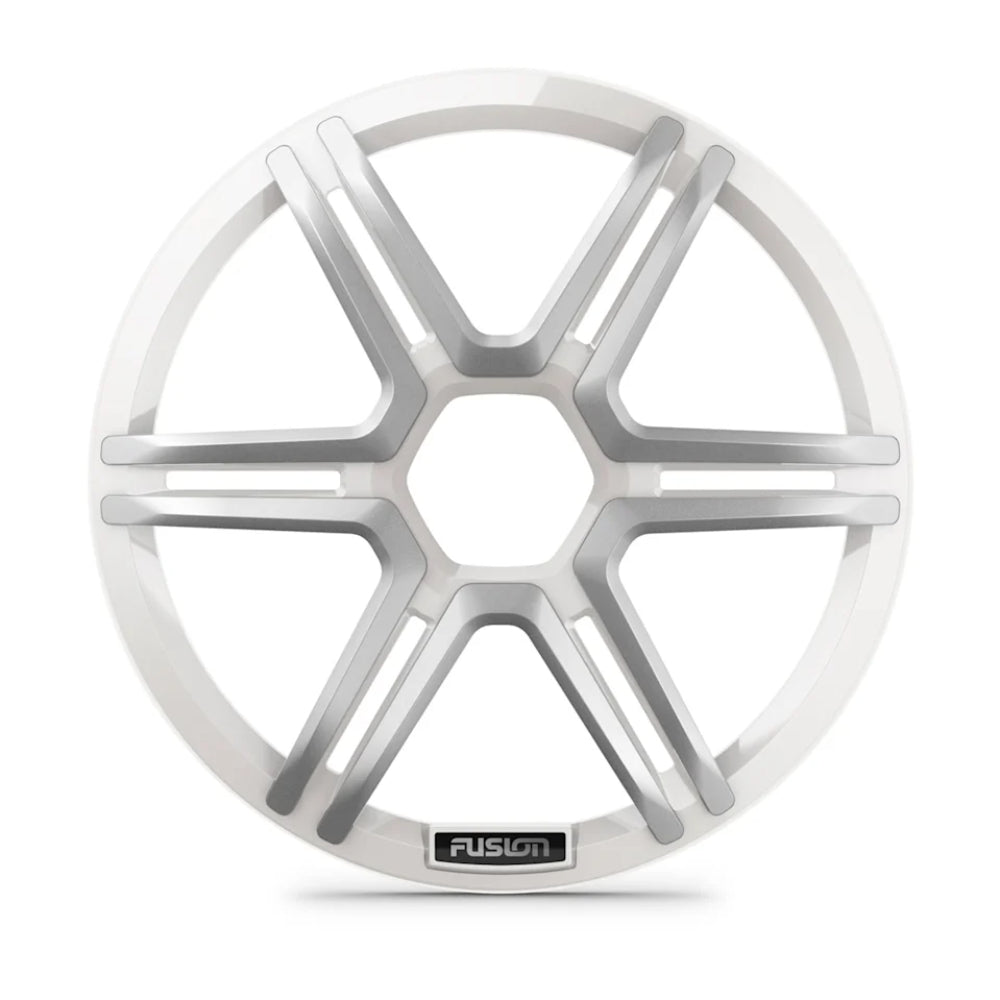 Fusion Apollo 010-13293-01 10in sports white subwoofer grille, front view of six-spoke grille
