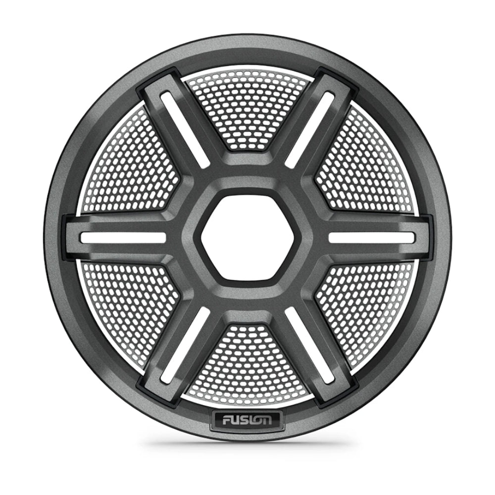Fusion Apollo 010-13293-10 10in shielded grey subwoofer grille, front view of hex centre and mesh