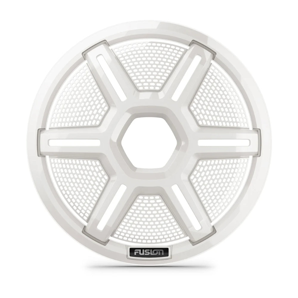 Fusion Apollo 010-13293-11 10in shielded white subwoofer grille, front view of hex centre and mesh