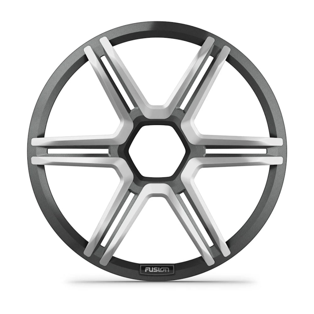Fusion Apollo 010-13294-00 12in sports grey subwoofer grille, front view of six-spoke hex grille