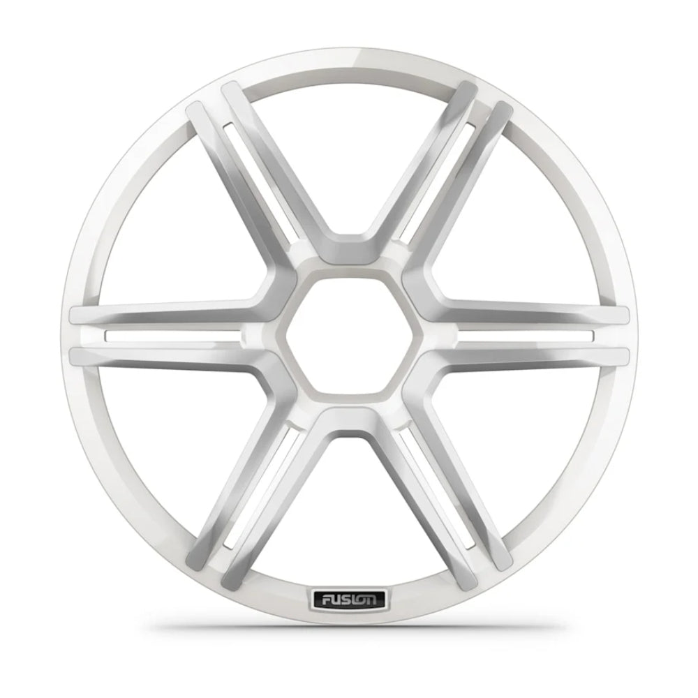 Fusion Apollo 010-13294-01 12in sports white subwoofer grille, front view of hex centre and six spokes
