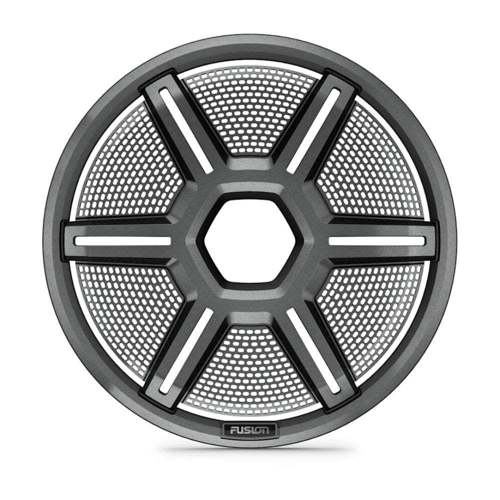 Fusion Apollo 010-13294-10 12in shielded grey subwoofer grille, front view of hex centre and mesh