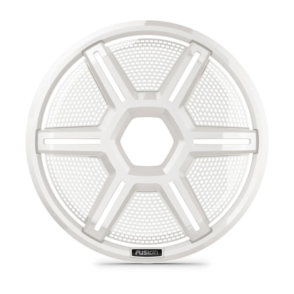 Fusion Apollo 010-13294-11 12in shielded white subwoofer grille, front view with hex centre and mesh