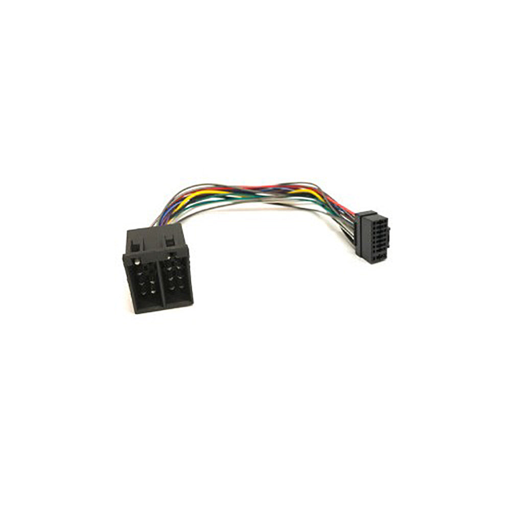 RA205 wiring loom to ISO cable adaptor, CAB001224, multi-coloured wire loom with a black ISO block and a small plug