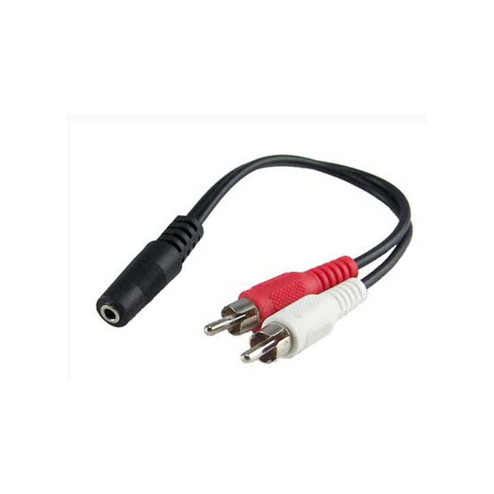 3.5 mm female to 2 RCA male panel mount cable, MS-CBAUX, short black lead with a 3.5 mm jack and red and white RCA plugs