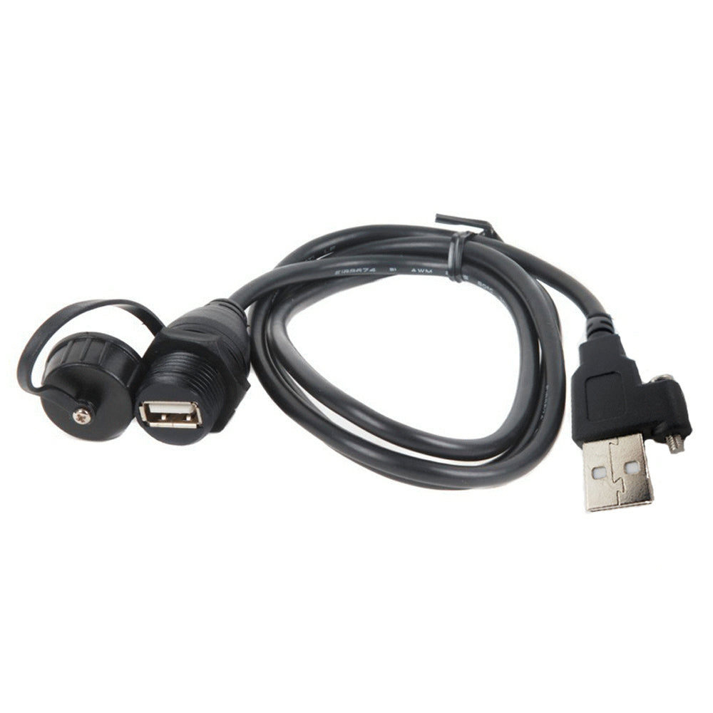Fusion MS-CBUSBFM1 USB panel mount cable, black lead with a round capped USB socket and a USB plug, large view