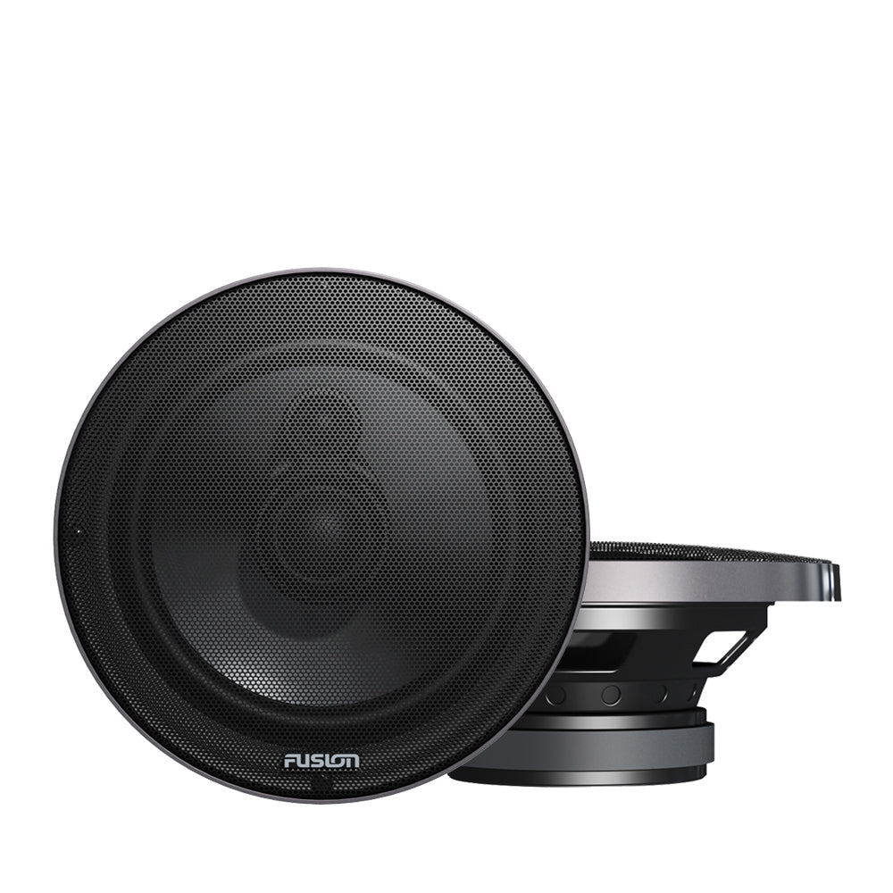 Fusion Performance 6 inch 3-way speaker, PF-FR6030, round black grille speaker with a second speaker seen behind it