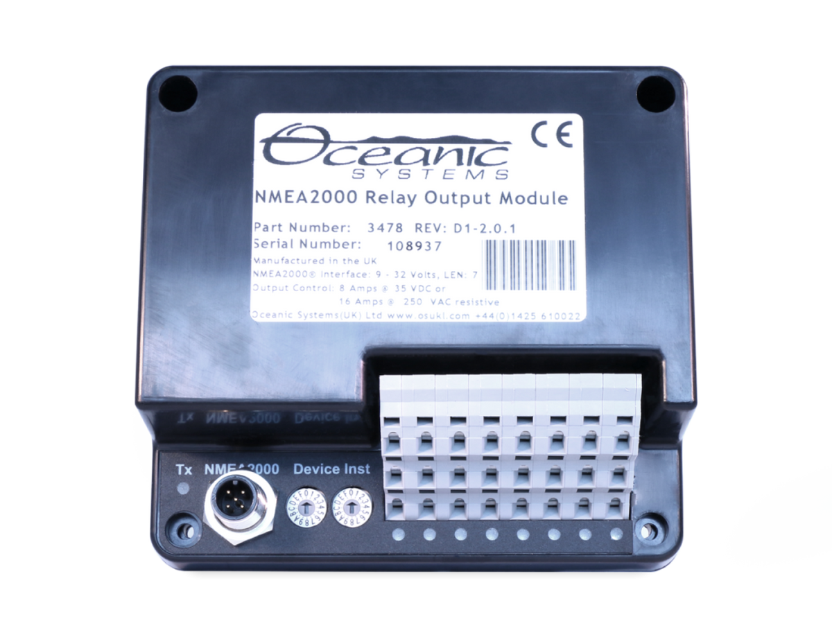 Oceanic Systems 3478 NMEA 2000 relay output module, black box with a label, a round plug and a block of terminals
