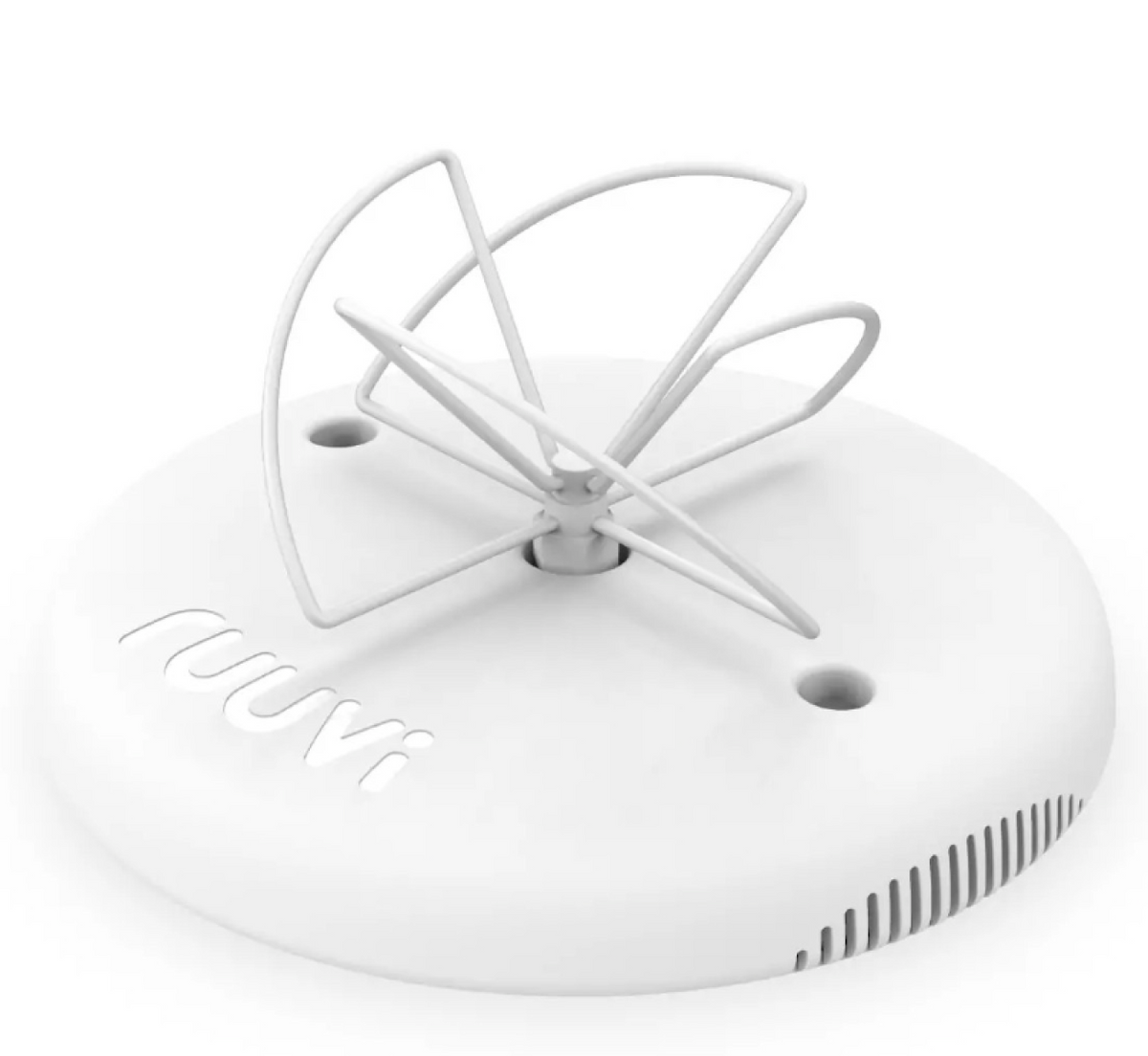 Ruuvi Gateway router, white round gateway with a wire antenna frame over the top and a ruuvi logo