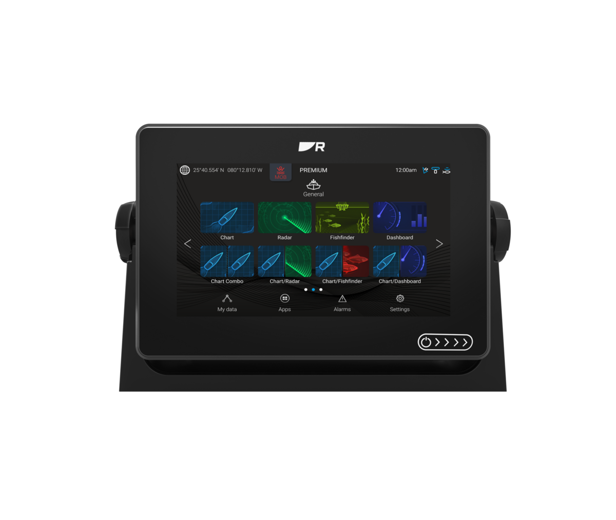 Raymarine Axiom+ 7 E70634-00-NEU display on its bracket, front view with the app home screen showing