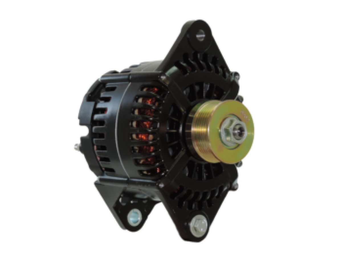Balmar 97XD series alternator 240A 12V, 97XD-12-240-IG, black alternator with a gold multigroove pulley and a saddle mount