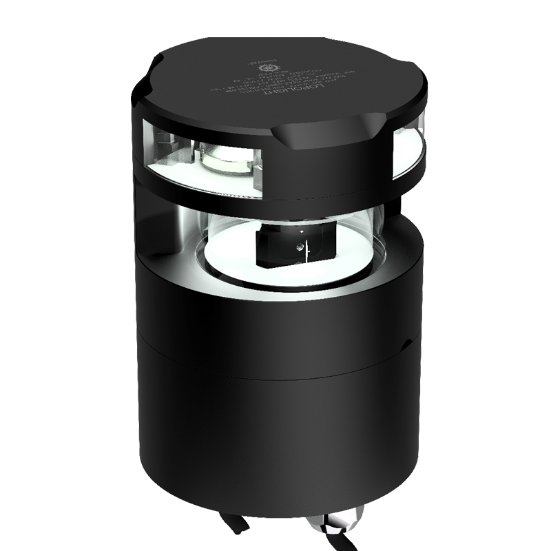 Lopolight NL300-036+200-012G2-B black 225° masthead with anchor light below, angled view with lit white lenses