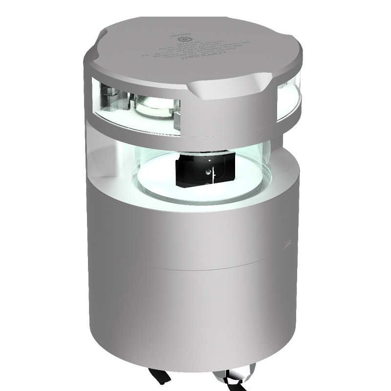 Lopolight NL300-036+200-012G2 silver 225° masthead with anchor light below, angled view with glowing white lenses