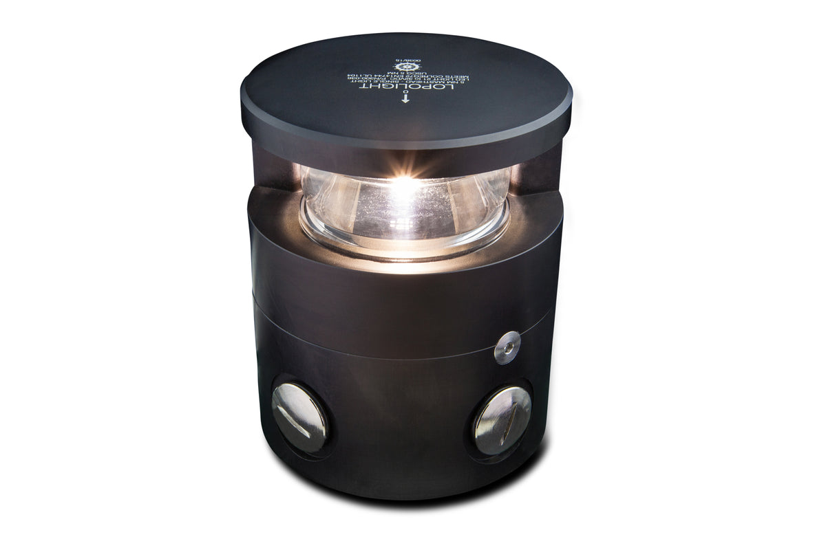 Lopolight NL300-036-B-CD black 225° masthead light with lit clear lens and cable glands on the side, front view