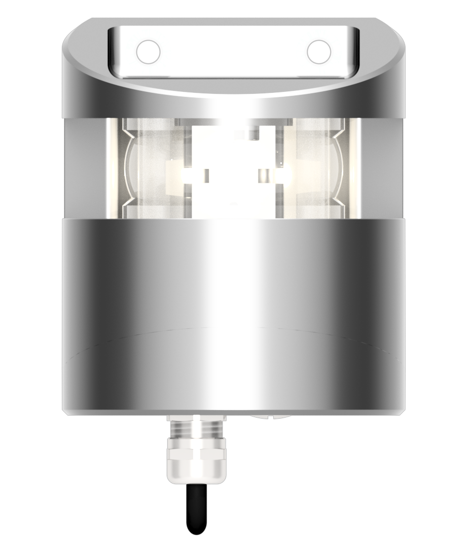 Lopolight NL300-037-CD 225° masthead cable-down light, silver body with glowing LEDs and white cable gland below