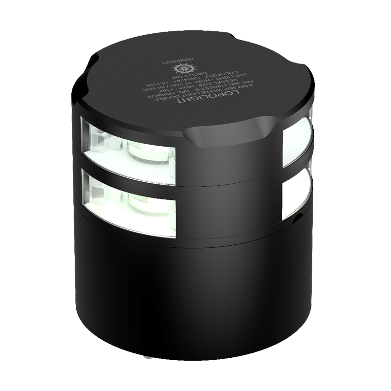 Lopolight NL300-112G2ST-B-CD black double 360° white light, angled view of two lens tiers and top