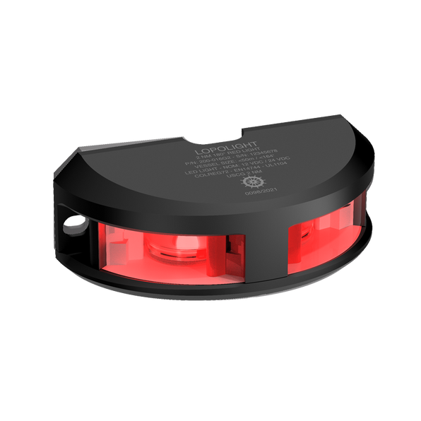 Lopolight NL300-116G2-B 6M black anodized 180° red side light, half-round housing and red lens, angled view