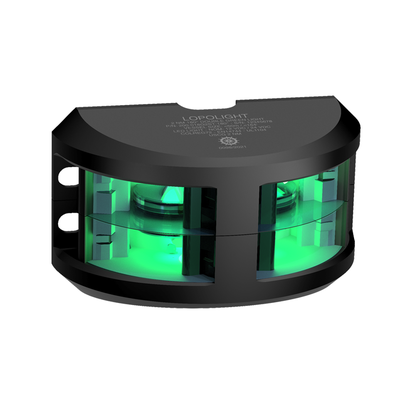 Lopolight NL300-118G2ST-B 20M black double 180° green sidelight, front view with green lens tiers lit