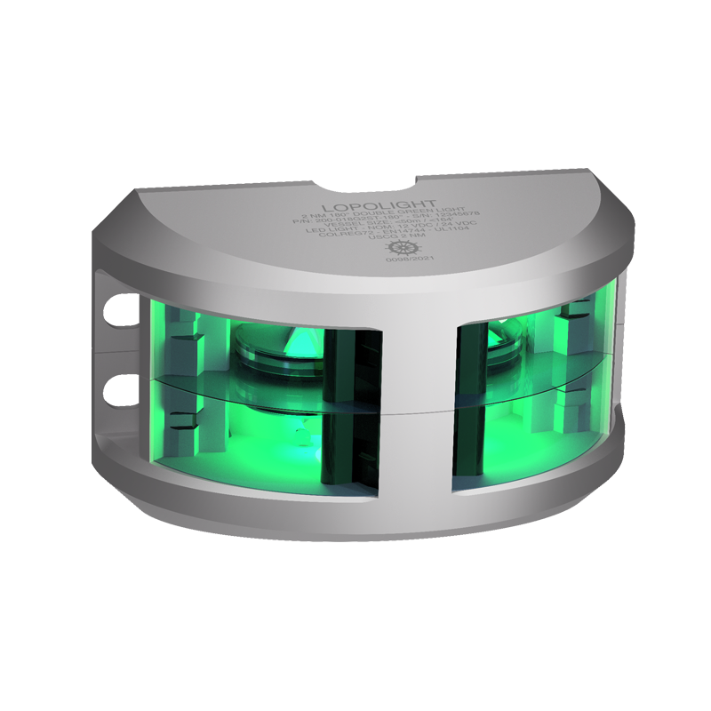 Lopolight NL300-118G2ST 20M silver double 180° green sidelight, front view with two green lens tiers lit