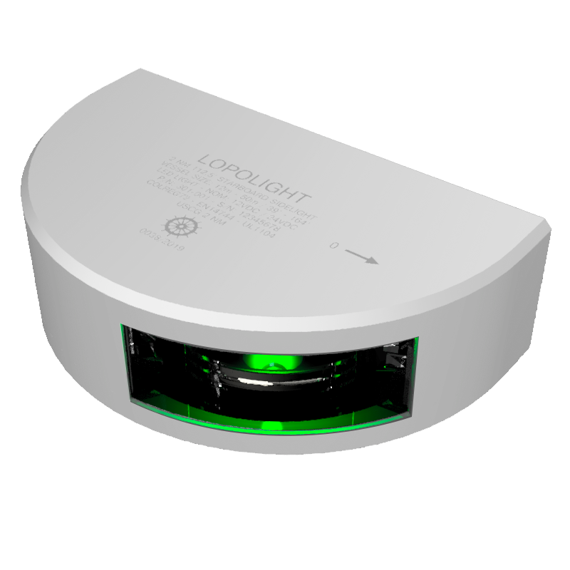 Lopolight NL301-001-WH white ceramic-coated starboard sidelight, green LED lit, three-quarter view on black