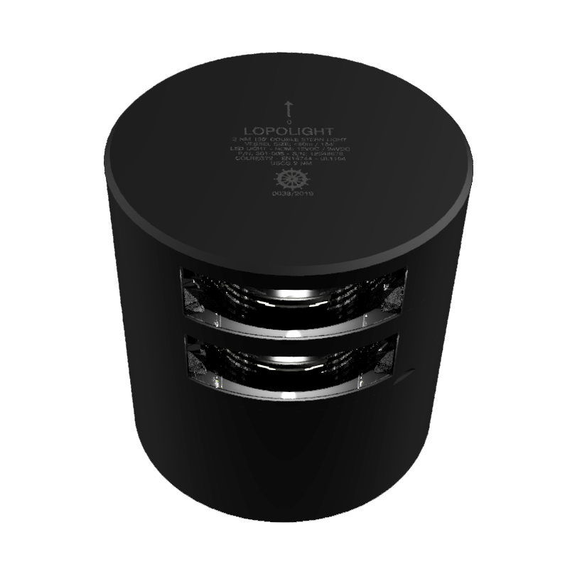 Lopolight NL301-105ST-B-CD black double 135° stern light, angled front view of two white lens tiers on cylinder
