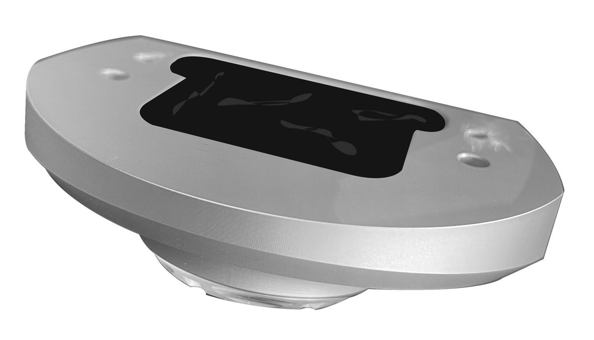 Lopolight NL301-006DLX-KIT silver stern downlight base plate with black recess and mounting holes, angled top view