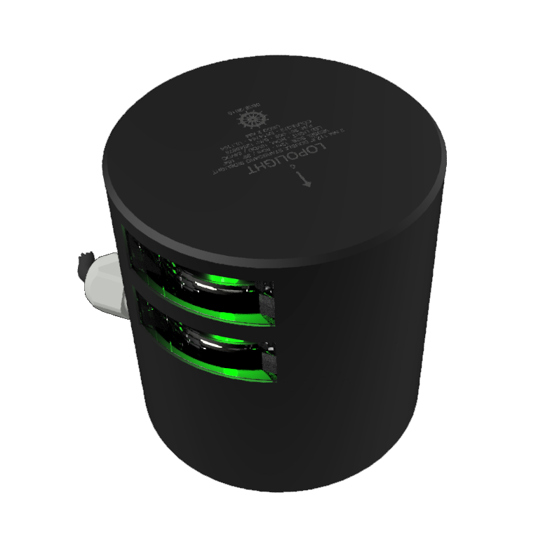 Lopolight NL301-108ST-B black double starboard sidelight, angled view of two green lenses and white cable gland