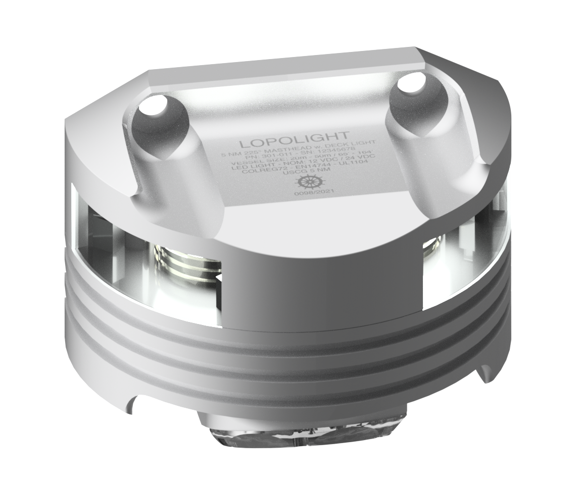 Lopolight NL201-010DLXI 15M silver masthead with 6W decklight, twin mounting lugs on top and ribbed lower body
