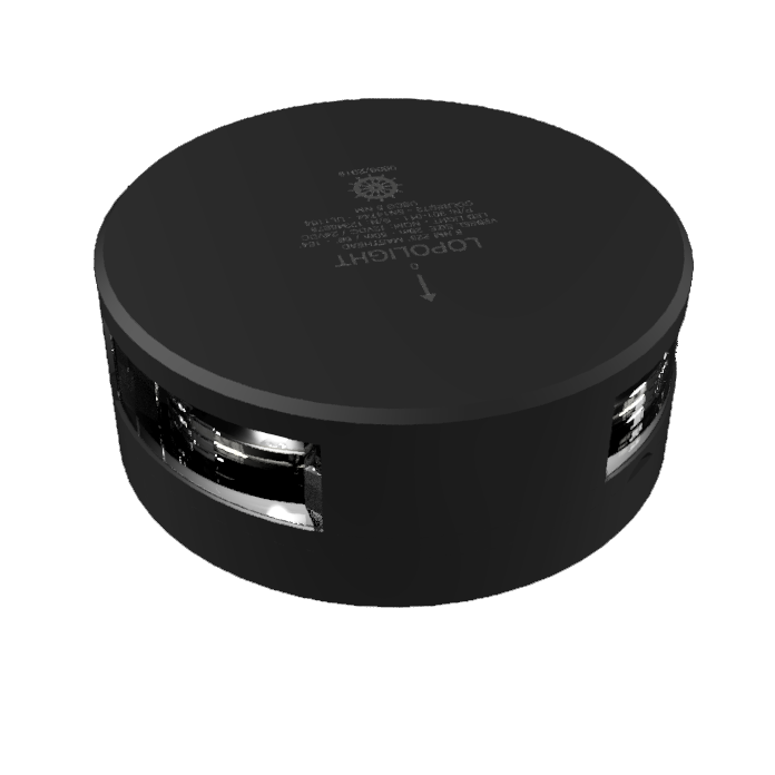 Lopolight NL301-011KL-B-UL 6M black anodised 225° masthead light, low body with side lens openings, angled view