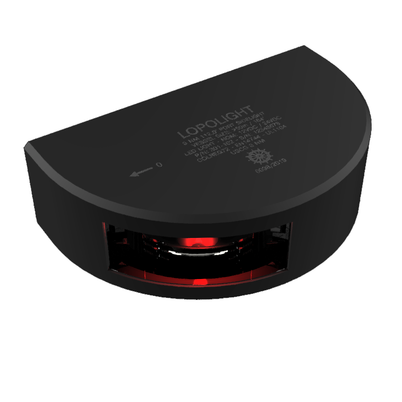Lopolight NL301-102-B black port sidelight with red lit lens, D-shaped housing, 2.5m cable version