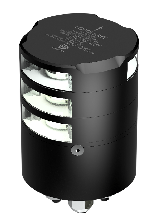 Lopolight NL301-105ST+112G2-B-CD black anodised stack, three white lens tiers, cable glands at base