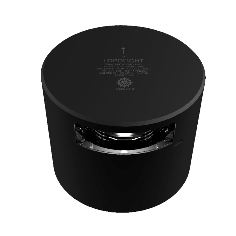 Lopolight NL301-105-B black cylindrical 135° stern light, darker angled view of lens window and top face