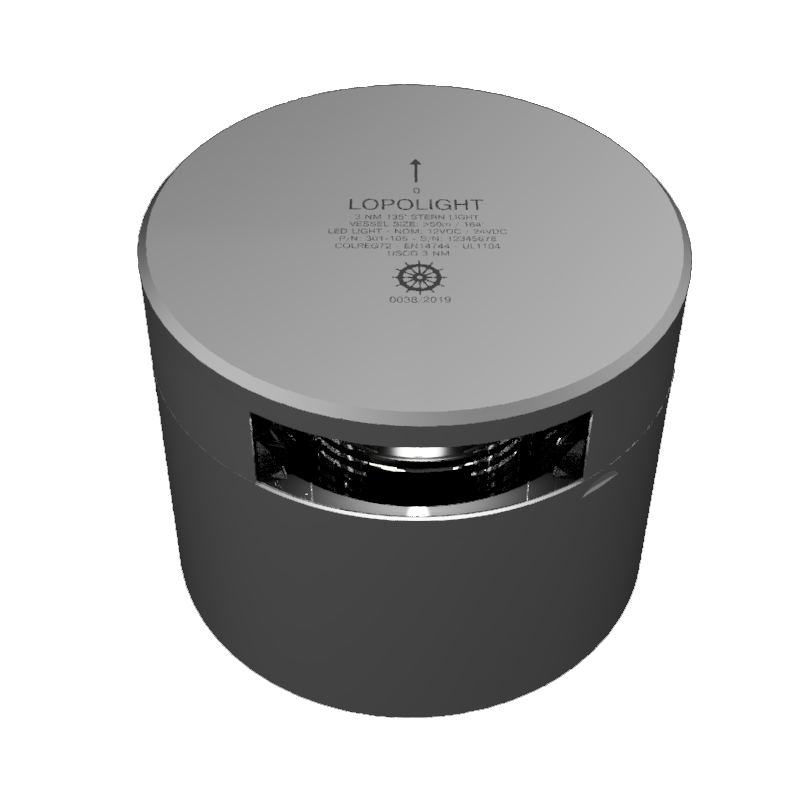 Lopolight NL301-105 silver cylindrical 135° stern light, white lens band, view from above showing top face