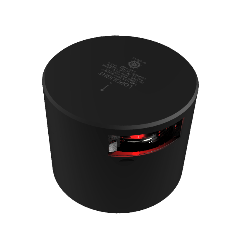 Lopolight NL301-109-B black 112.5° port sidelight, angled view of cylinder with red lens at front