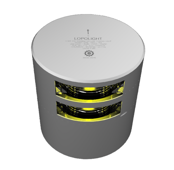 Lopolight NL301-113ST silver double 135° yellow towing light, angled view of two yellow-green lens tiers