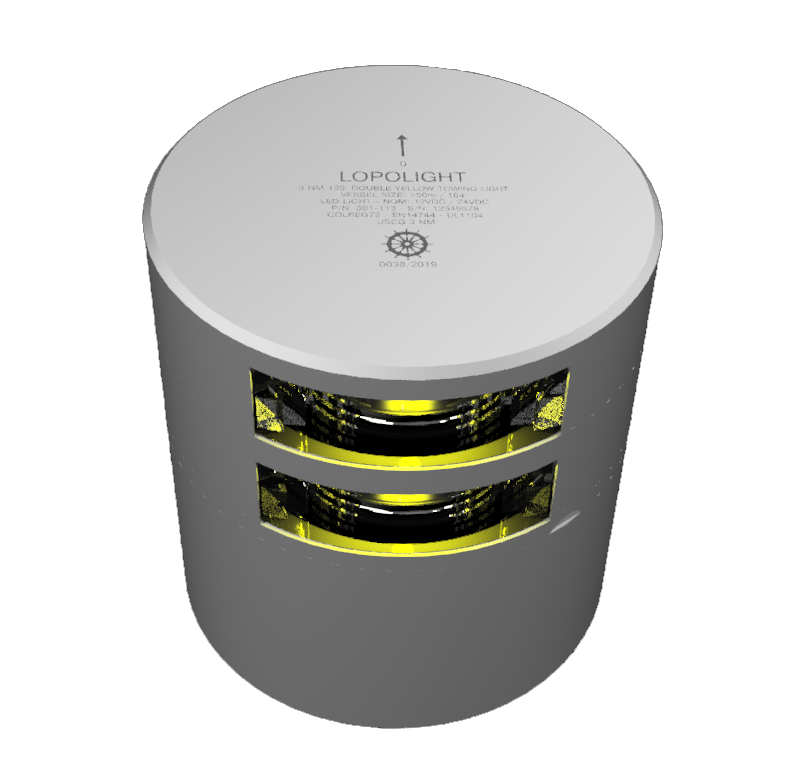 Lopolight NL301-113ST silver double 135° yellow towing light, angled view of two yellow-green lens tiers