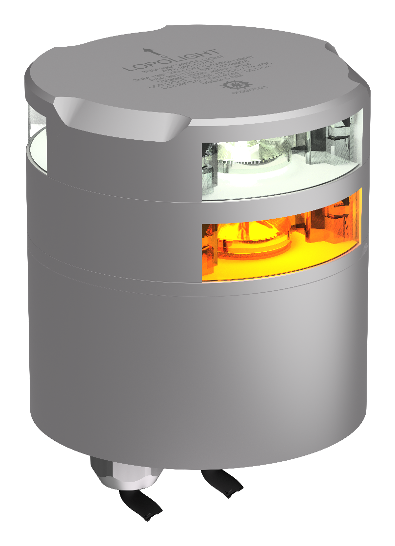 Lopolight NL301-113+112G2 silver towing light with 360° white lens above amber lens, cable glands underneath