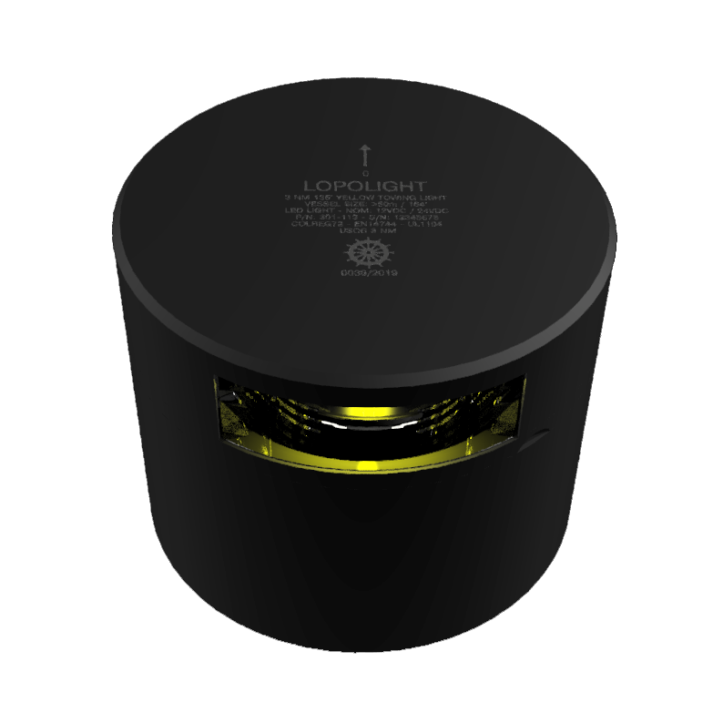 Lopolight NL301-113-B black 135° yellow towing light, angled view of low cylinder with yellow lens