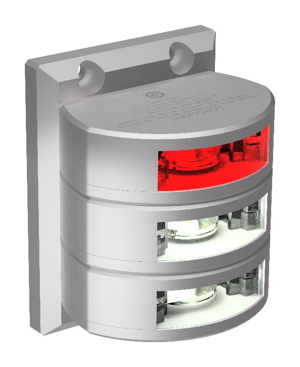 Lopolight NL301-141V+301-106ST silver vertical stack with red stop light above double white stern lenses, plate