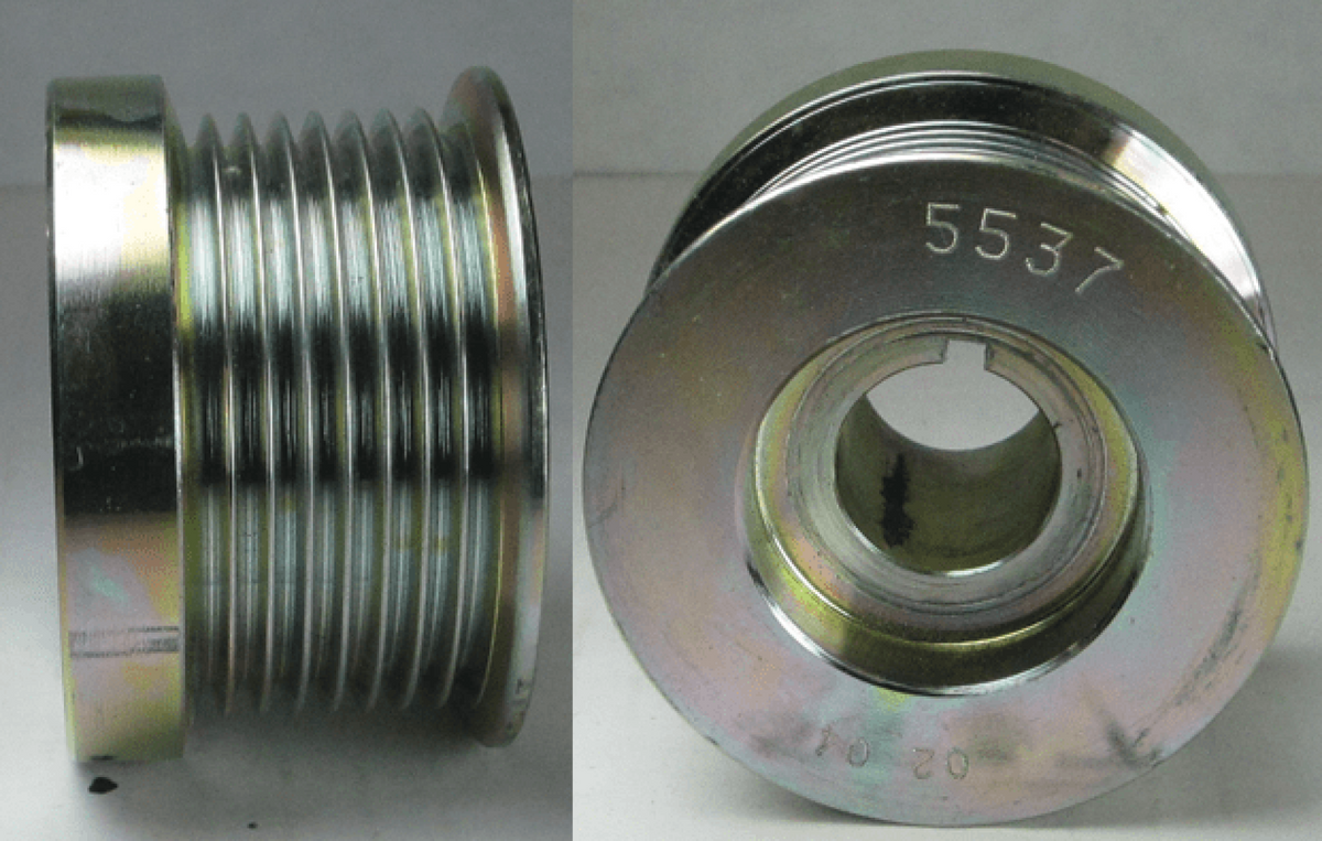 Pulley, K-8 2.7 inch serpentine, 0.875 inch bore for Cummins, 5537-B, silver eight-rib pulley shown side-on and face-on