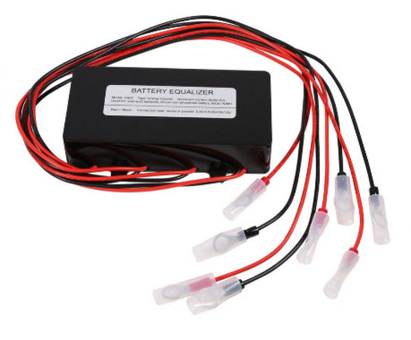 Battery balancer for 48V system with four 12V batteries, BAT-ACC-BALANCER-4B-ES, black equalizer box with many leads