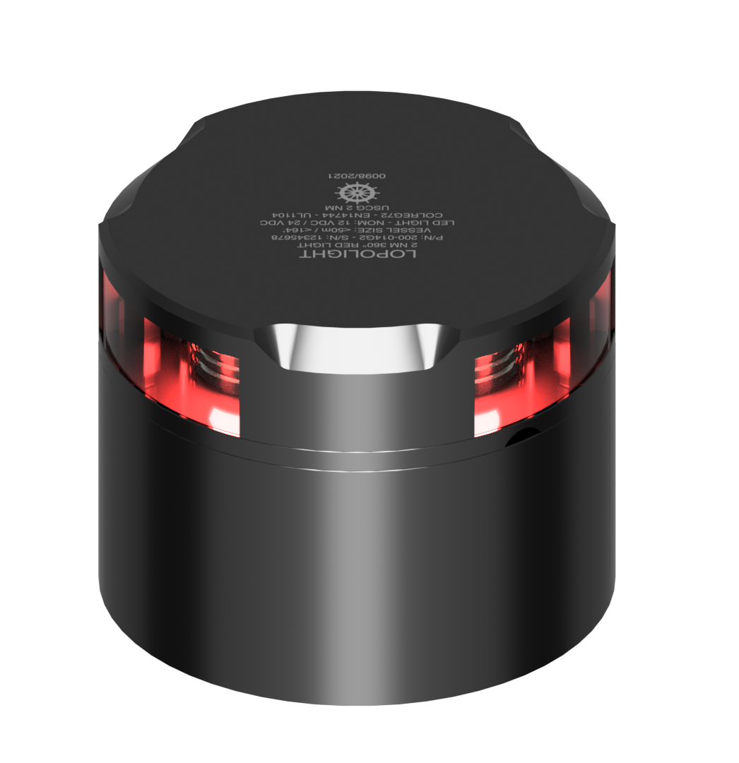 Lopolight NL201-014-B-CD black 360° red navigation light with connector base, glowing red lens, front view