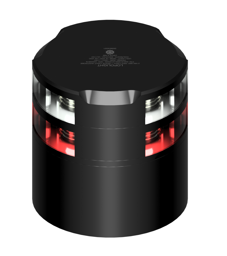 Lopolight NL201-014+012-B-CD black two-tier light, red 360° lens above white lens, front three-quarter view