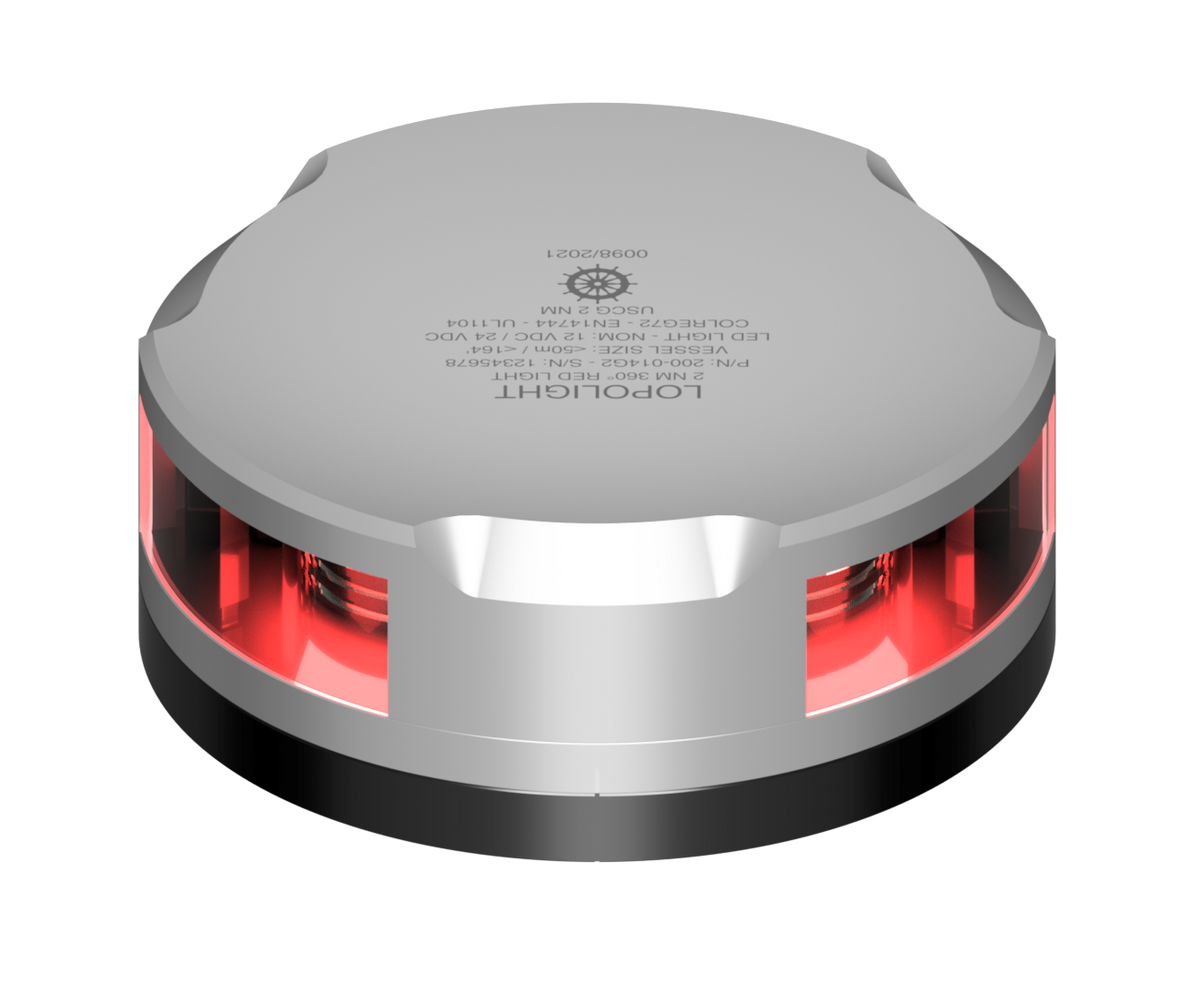 Lopolight NL201-014-FB 15M silver 360° red navigation light on black FB base, lit red lens, three-quarter view