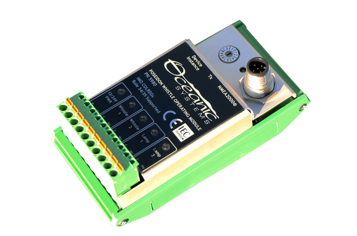 Oceanic Systems 5980 whistle operating module, green and cream circuit module with green terminal blocks and a round plug