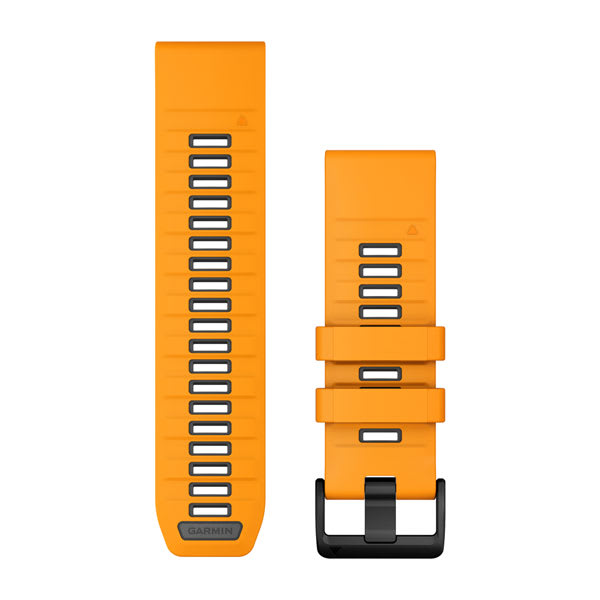 Garmin QuickFit 26 watch bands 010-13393-01 in Spark Orange and Graphite silicone, both band halves shown