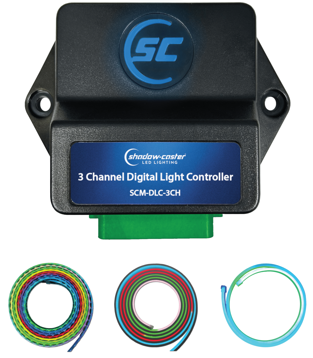 Shadow-Caster SCM-DLC-3CH 3 channel digital lighting controller, black box with blue SC logo and label, above three strips