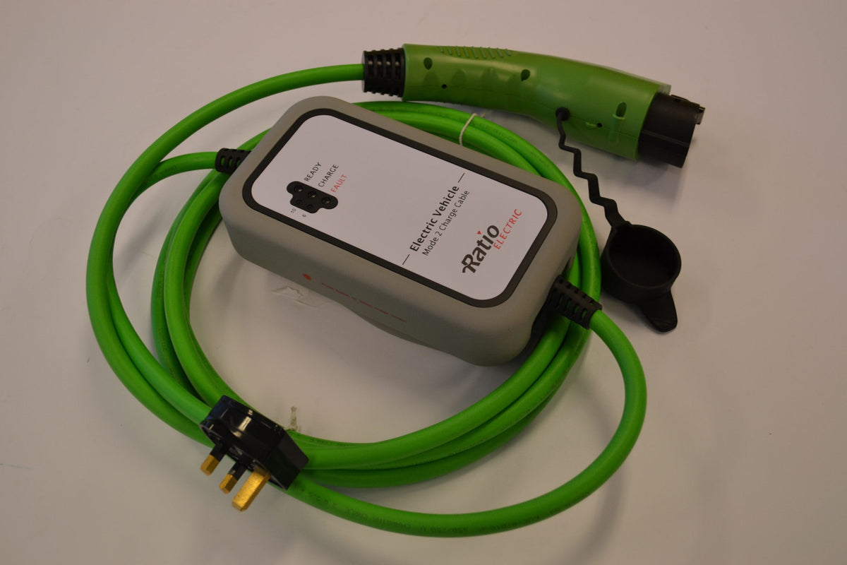 Mode 2 charging cable, 31315, green lead with a Type 1 female connector, a grey control box and a domestic plug