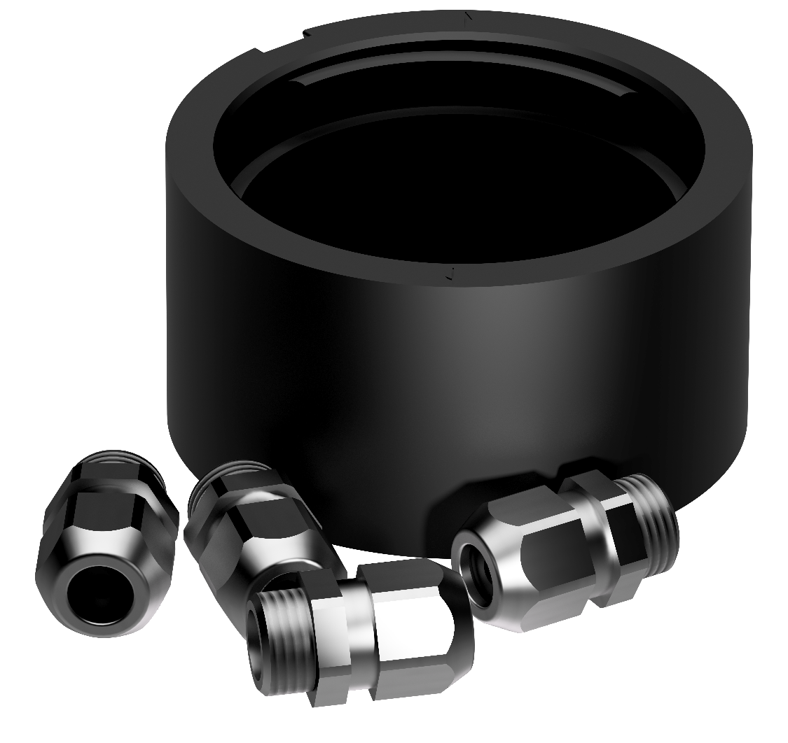 Lopolight NL400-035-B black aluminium pro-mount base with four chrome K-lock cable glands in front